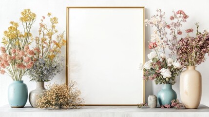 Fototapeta premium Blank frame mockup with dried flowers, vases, and neutral background