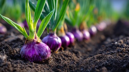 A row of vibrant purple onions sprouts from dark soil, their green shoots reaching for the sunlight. The focus is on natural growth, showcasing fresh produce in a close-up.