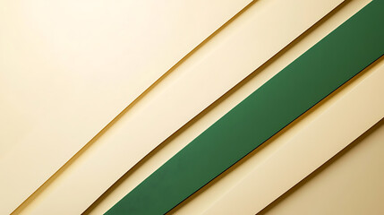 Geometric composition of angled light yellow planes intersected by a vivid green stripe. Clean lines and shadow play. Simple and minimalist abstract design concept.