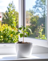 Young plant on windowsill