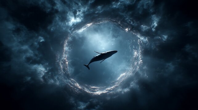 Whale silhouette leaping through a storm cloud portal to bright light