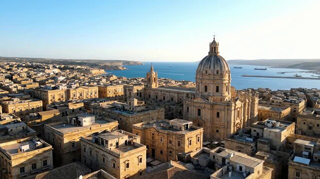 Aerial Drone View of St Johns Co Cathedral Valetta Malta Historic Cityscape and Harbor