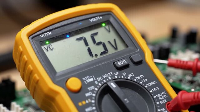 Close-up of a digital multimeter displaying voltage readings on an electronic circuit board.
