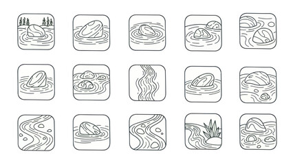 Minimalist river and stone icons set for nature and design concepts