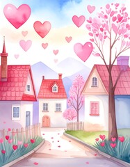 Watercolor village scene with hearts