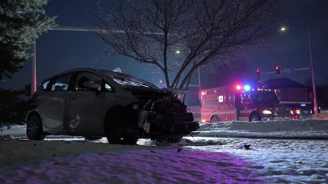 Nighttime scene of a severely damaged car after a crash, resting on a snowy roadside with emergency vehicles. Flashing red and blue lights illuminate the wrecked vehicle
