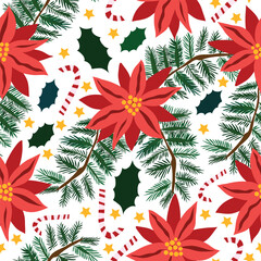 Christmas seamless pattern including poinsettia, candy canes, leaves and ref floral with pine needles seamless pattern.