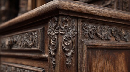 Naklejka premium Close-up on intricately carved dark wood furniture. The craftsmanship shows detailed floral motifs and textures, highlighting a rich, vintage aesthetic.