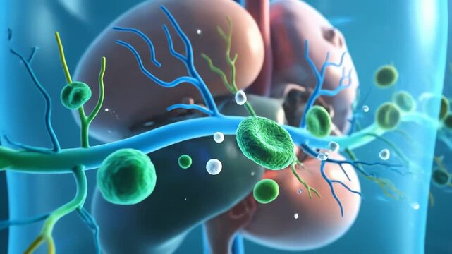 3D medical animation of blood cells flowing through vessels surrounding the human kidneys.