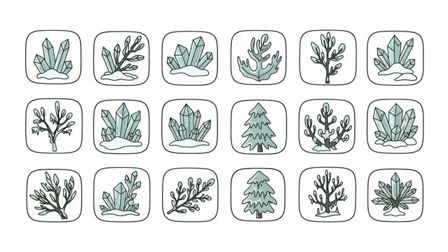 Set of crystal tree and plant icons on white backgrounds for various uses