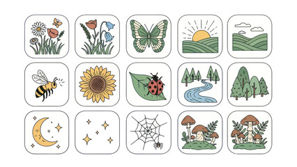 Set of nature icons featuring flowers insects sun and landscapes