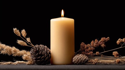 A glowing candle amidst dried botanicals creates a cozy, nature-inspired ambiance. The soft light contrasts with the dark background, highlighting organic textures and warmth.