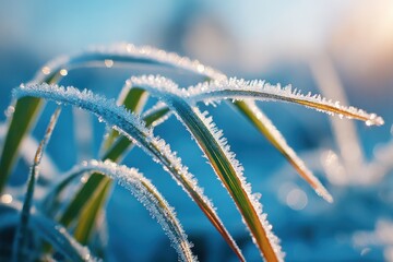 Frost-covered grass blades in sunlight