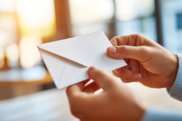 Person holding a blank envelope in a bright setting