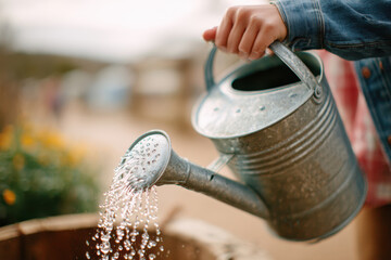 Watering plants with a metal watering can