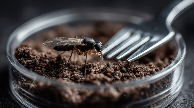Fungus gnat standing on damp soil in a transparent dish with metal tool, extreme macro emphasizing laboratory research and pest control concept