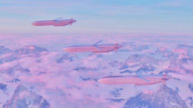 Three guided missiles flying in formation at high altitude above a blanket of clouds and snow-covered mountain peaks, advancing steadily toward their designated targets below.