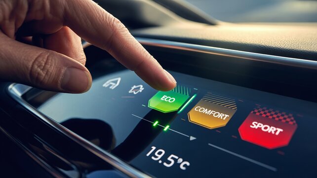 Modern Car Interior Dashboard with Finger Selecting Eco Driving Mode on Digital Touchscreen Interface for Automotive Technology Marketing - Powered by Adobe