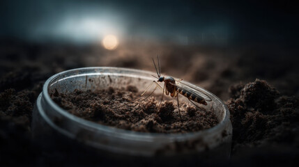 Macro close-up of a fungus gnat standing on moist soil inside a clear petri dish under dramatic lighting, illustrating laboratory research, pest control, and insect behavior