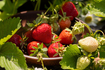 Fresh strawberries ripening on the vine in a rustic bowl
