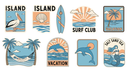 Vibrant beach stickers with tropical designs and surf themes © vector_craft