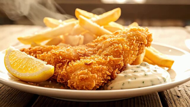 Close Up of Delicious Golden Fried Fish and Chips Meal with Seaside Ambience