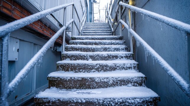 Icy metal handrails and snow-covered steps lead upwards on a cold day. The staircase shows the impact of winter's embrace with snow piled on each stair.