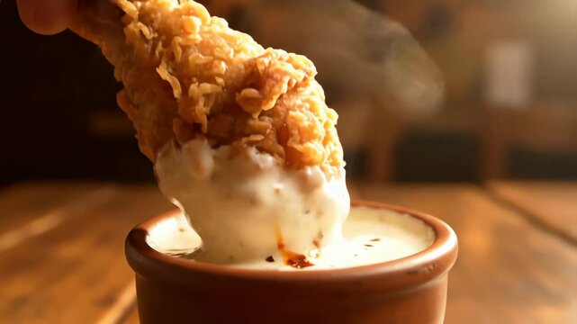 Steaming hot and crispy golden fried chicken drumstick being dipped into a delicious creamy sauce.