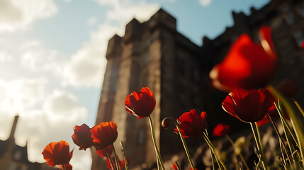 A low-angle shot captures the vivid red poppy flowers in full bloom, juxtaposed against the backdrop of a historical stone building bathed in the warm glow of the setting sun.