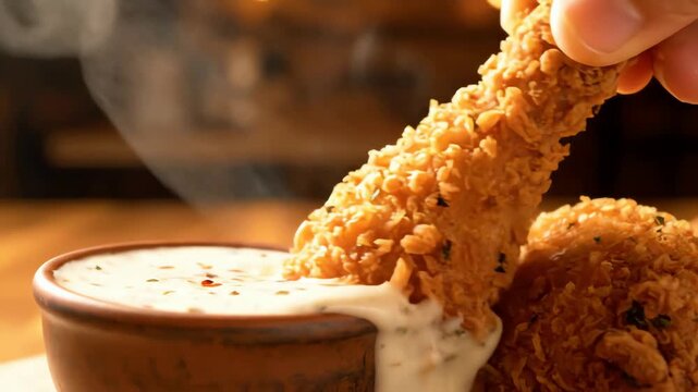 Hand Dips a Crispy Fried Chicken Leg into a Creamy White Dipping Sauce Close Up