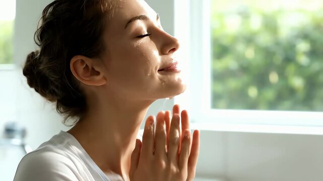 A young woman with glowing skin enjoys her daily skincare routine washing her face in the morning.
