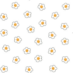 Simple smiling flowers camomile baby seamless vector pattern on white background.