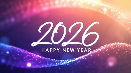Elegant Happy New Year 2026 Graphic with White Script Typography on Sparkling Purple and Gold Glitter Waves for Festive Celebration Marketing