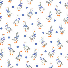 Cute goose with blue ribbon baby vector seamless pattern with dots background.