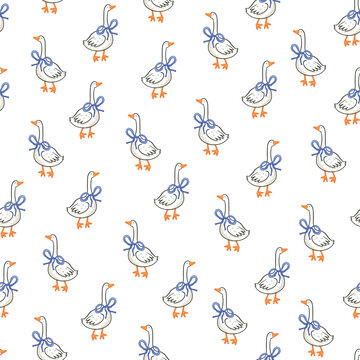 Cute goose with blue ribbon baby vector seamless pattern.