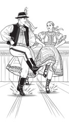 Traditional folk dancers performing a lively paired dance in historic attire.