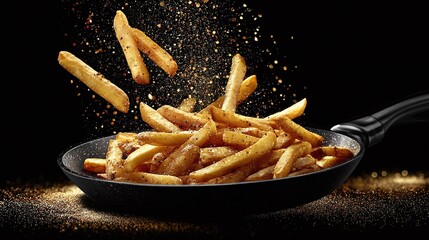Golden fries cascade onto a skillet, sparkling with seasoning against a deep black backdrop. Crispy, savory perfection in every bite, a culinary delight.