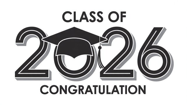 Modern Class of 2026 Graduation Congratulations Graphic with Bold Black Typography and Academic Cap Icon for Education and School Marketing