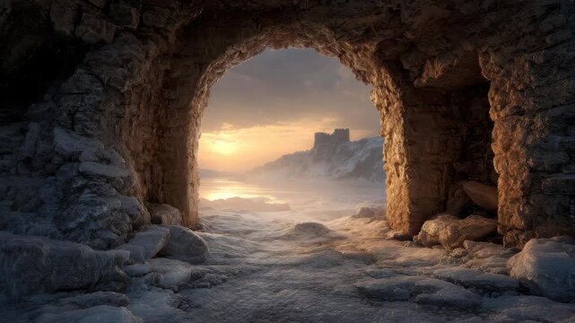 Ancient fortress gateway framed by icy dawn light, Ancient fortress gateway illuminated by icy dawn light and surrounded by misty frozen landscape