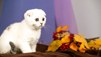 White kitten with autumnal decor