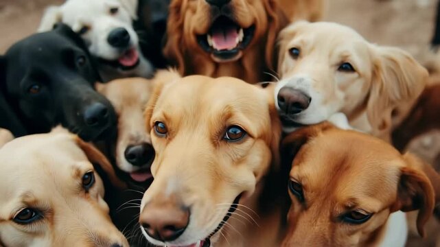 Adorable group of smiling dogs looking, Adorable Group of Smiling Dogs Looking Up with Playful, Heartwarming Expressions