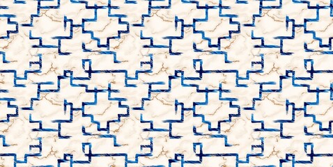 Seamless modern Greek pattern featuring abstract meander shapes and olive branches in marble textures, highlighted by blue, white, and gold tones.