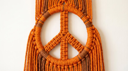 Close-up of a macrame wall hanging depicting a peace sign made of orange and brown threads