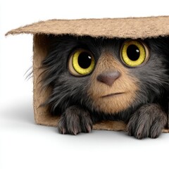 A curious kitten peeks out from an oversized box, inviting playful interaction.