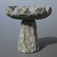 A stunning 3D model of a stone bird feeder, showcasing natural rock texture and weathered details in grayscale.