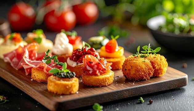 Modern Tapas Assortment. Spanish Fine Dining Set Up