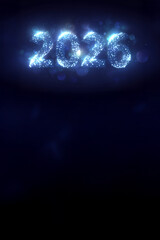 Chiffres lumineux 2026 en particules &eacute;tincelantes bleu nuit sur fond noir avec espace n&eacute;gatif copyspace, concept festif brillant pour nouvel an, Saint Sylvestre et toute autre f&ecirc;te de l&rsquo;ann&eacute;e