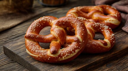 Two traditional freshly baked pretzels with coarse salt on a rustic wooden board. German snack for Oktoberfest celebration. October fest in Germany food. Baked pastry shaped into knot.