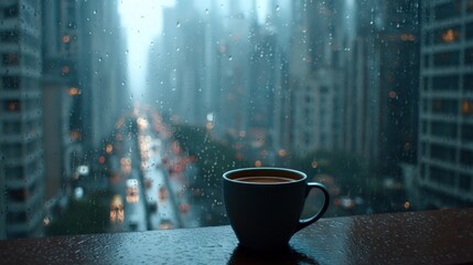 Cup with hot drink tea or coffee. Raindrops on glass window background. Wet city street view. Cozy moment at home or at office work on rainy day. Sad autumn season. Seasonal fall weather.