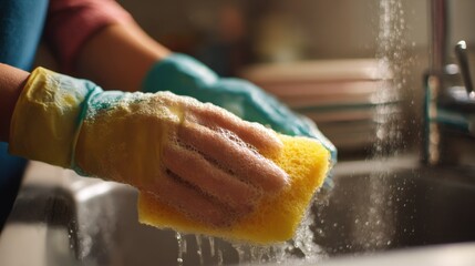 Woman hand in glove washing dish with sponge. Cleaning concept with bubble and splash of water. Domestic household chore. Housewife cleaning with dishwashing liquid at home.